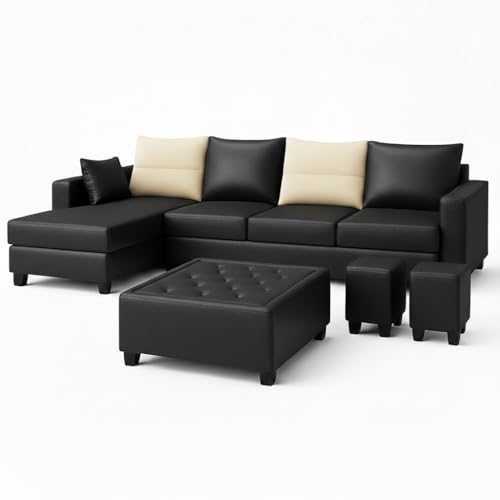 Image of CASASTYLE Texon 8 Seater Leatherette LHS L Shape Sofa Set with 1 Centre Table & 2 Puffy (Black) Premium Finish Comfortable Sectional Sofa Set