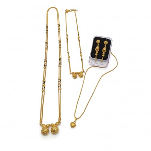 Image of Short & Long Mangalsutra Combo for Women | Gold Plated Black Beads Necklace Set with Heart Shape Pendant & Earrings | Traditional Bridal Jewellery for Special Occasions