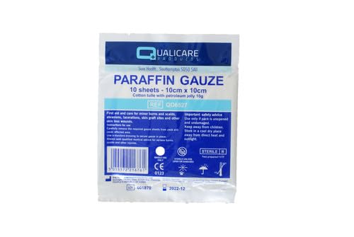 Image of Qualicare Paraffin Gauze Dressings 10cm x 10cm - 10 Dressings for Burns, scalds, abrasions, lacerations etc.