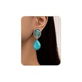 Turquoise Drop Earrings for Women – Clip-On Design with Oval Gemstone, Gold Tone Frame and Blue Teardrop Pendant, Boho Vintage Statement Jewelry Gift (Blue Turquoise)