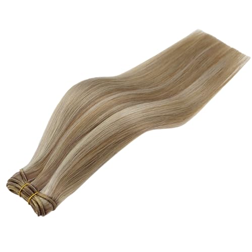Image of Full Shine Sew In Hair Extensions Remy Weft Hair Extensions Sew In Extensions Straight Hair Color Ash Blonde Mix Golden Blonde Human Hair Bundles For Women 18 Inch 105G