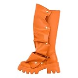 sexytag Fold Over Boots for Women Slouchy Mid Calf Platform Boots Ruched Detachable Snap Button Block Chunky Heel Shark Booties Lug Sole Round Toe Pull On Western Fall Fashion Boot Orange Size 9