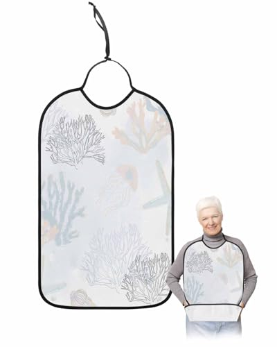 LEOKOTI Blue Pink Coral Coastal Adult Bibs for Eating, Waterproof Bibs with Food Catcher & Adjustable Snap Closure, Nautical Starfish Summer Beach Washable Clothing Protectors Adult Bibs for Elderly