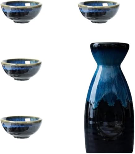 DancJulie酒器 セット おちょこ セット おしゃれ 日本酒 グラス 酒 グラス 冷酒 徳利 温酒 熱燗 燗瓶 徳利1個 ぐい呑み盃4個 耐熱 滑り止め 藍 日本酒 陶器 業務用 家庭用 退職祝い 誕生日の贈り物 (スターリー・ブルー) [並行輸入品