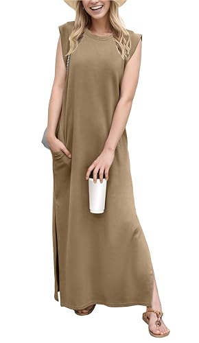 Image of GRECERELLE 2026 Women Year-Round Casual Round Neck Loose Split Wrinkle-Free Long Maxi Vacation Dress with Pockets (XXS-4XL)
