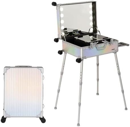 Profesional de gran tamaño Estuche de maquillaje con ruedas Estuche de tren de maquillaje con carrito de aluminio con luces LED Estuche de maquillaje cosmético profesional Estudio con soporte Luces ro