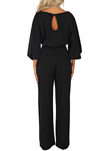 Happy Sailed Womens Long Sleeves Elegant Playsuit Wide Leg Jumpsuit Romper Belted Medium Black