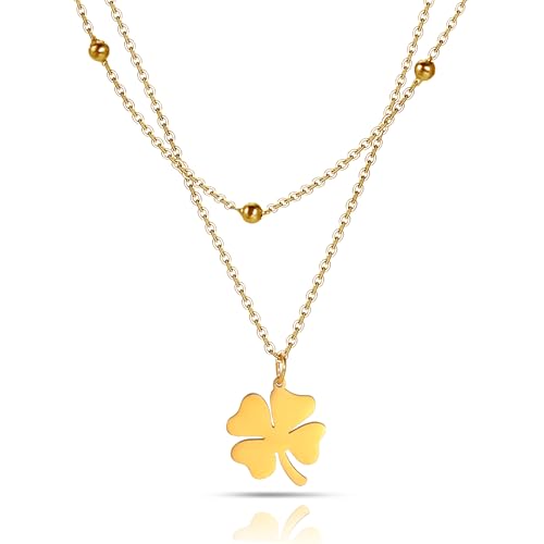 SIPURIS Celtic Good Luck Four Leaf Clover Necklace Irish Shamrock Shape Lucky Charm Pendant Protection Amulet Jewelry For Women Teen (Double Chain-Gold)