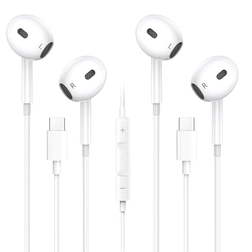 2 Pack USB C Headphones, Type C Headphones Built-In Microphone and Volume Control Wired In Ear Type C Earphones Compatible for iPhone 15/16 Pro Max, Pro, Plus