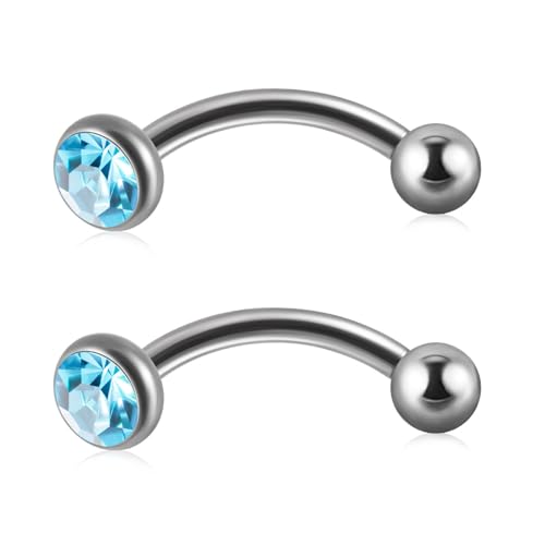 SQKXKLCZ 2 pcs 16G G23 Implant Titanium 3mm Blue CZ Ends Curved Eyebrow Barbell Internally Threaded 3mm Ball Tragus Helix Ear Belly Lip Nipple Tongue Ring Body Piercing 8mm