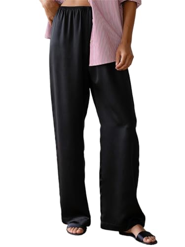 Lshyuehao Women Satin Wide Leg Flowy Pants Silk Casual Dressy Long Dress Pants Elastic Solid Color Satin Pant Waisted Trousers (A-Black, L)