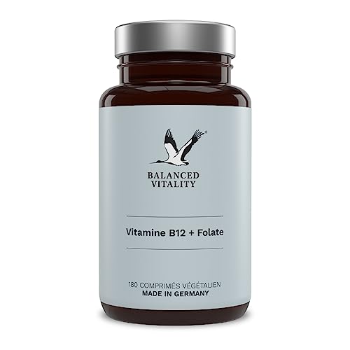 Balanced Vitality Vitamine B12 + Folate - 180 comprimés végétaliens - 500 µg de vitamine B12 par dose journalière - dépôt - avec formes bioactives - sans additifs - Fabriqué en Allemagne