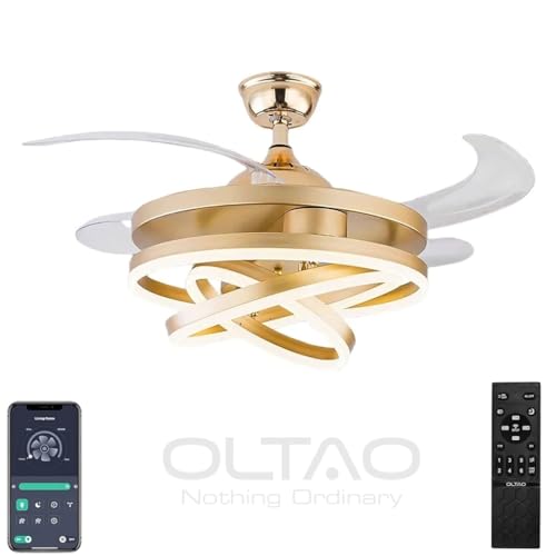 Image of oltao Enigma Modern 42-Inch Dimmable Chandelier Ceiling Fan - Gold | with Copper BLDC Motor & Retractable Blades | Summer-Winter Mode LED Light Fan with Remote & App Control - for Living Room