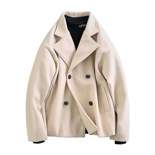DGKaxiyaHM Men's Short Wool Blend Pea Coat Suit Collar Double Breasted Trench Overcoat Insulated Loose Windproof Jacket (3X-Large,Apricot)2