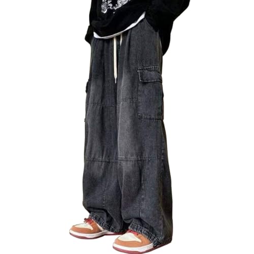 HZCX FASHION Mens Streetwear Hip Hop Baggy Jeans Wide Leg Skater Denim Pants Y2K Cargo Pants with Pockets Palazzo Trousers