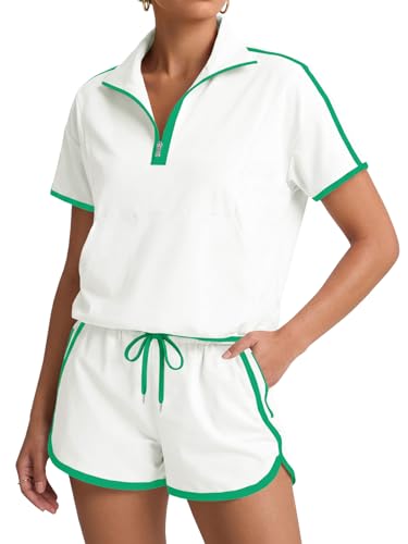 Fisoew Womens 2 Piece Outfits Zip V Neck Short Sleeve Pullover Tops Casual Shorts Tennis Running Tracksuits Short Sets