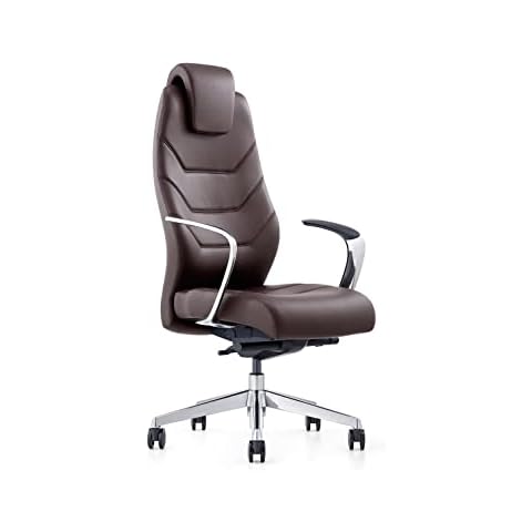 Genuine Leather Office Chair with High Back Aluminum Swivel Base Ergonomic Synchro-Tilt Reclining Mechanism Real Leather Executive Chair Brown Cover