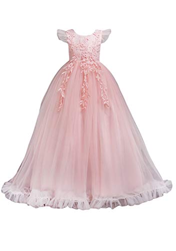 YMING Girls Embroidery Princess Dress Wedding Birthday Party Long Tail Prom Gowns Pink 170