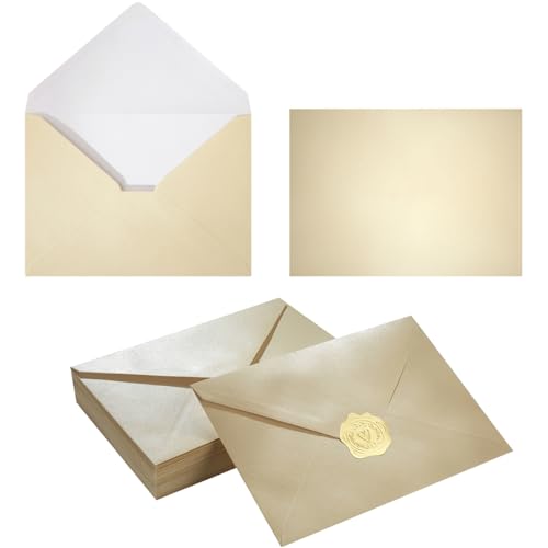 50 Pieces Shiny Envelopes with Gold Stickers for Wedding Invitation Cards, Graduation, Baby Shower, Greeting Cards (Cream Color, A7, 5x7)