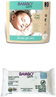 Bambo Nature Pañales Overnight Baby, tamaño 3 + toallitas Bambo Nature 99% a base de biobased, caja de cada uno
