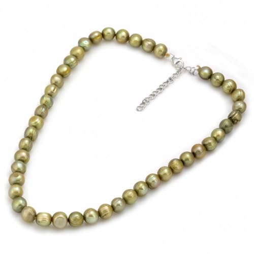 Image of OVANA Pearl Necklace | Fitted With Silver Lock | Gifts for Girlfriend | Gift for Sister, Bhabhi | Gifts for Women and Girls | Gift for Her | 925 Silver Hallmarked Lock (Sterling Silver, Olive Freshwater Pearl, 10 mm)