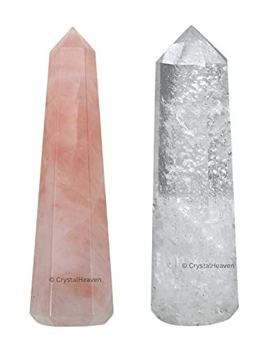 Image of Crystal Heaven Shiv Shakti Pair Clear Quartz Rose Quartz Crystal Tower Obelisk Point For Chakra, Healing & Balancing - Aaa Grade Original Certified Gemstone Agate For Yoga Spiritual (3-4 Inches)