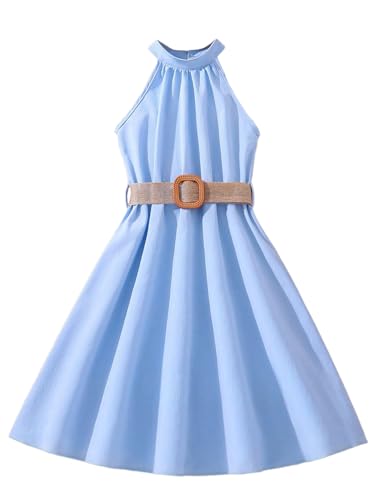 Girl's Solid Sleeveless Halter Pleated High Waist Mini Dress with Belt