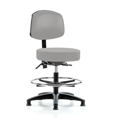 Image of Perch Stationary Height Adjustable Doctor's Stool with Back and Foot Ring | Medium Bench Height 21-28.5 inch | Grey Vinyl