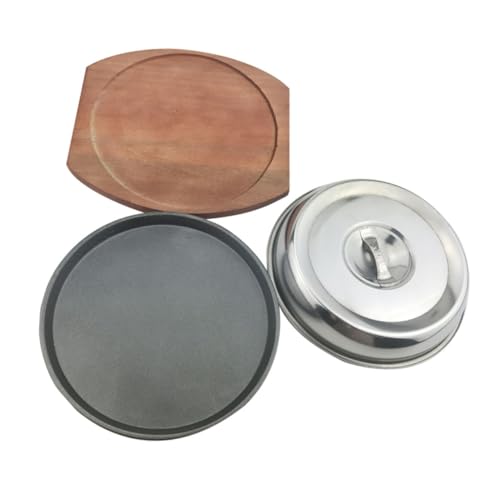 Toyvian Piastra Teppanyaki Antiaderente con Base in Legno e Coperchio per Cucina Induzione Padella Grill Rotonda per Bistecche Verdure e Pesce Completo per Barbecue e Cucina Occidentale