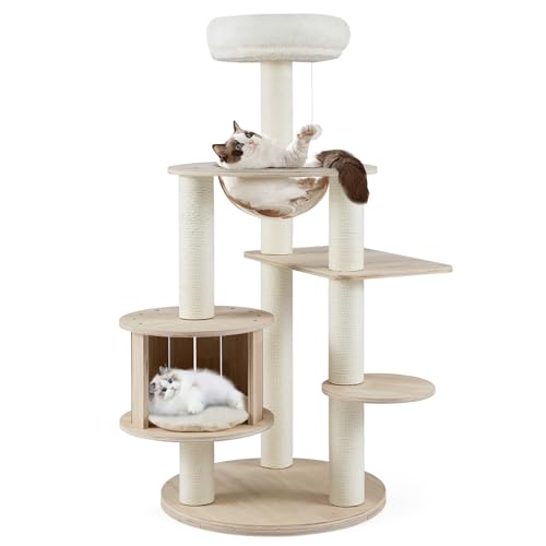 PETSITE 52 Inches Wooden Cat Tree, Multi-Level Modern Cat Tower with Scratching Posts, Space Capsule, Condo, Interactive Hanging Ball, and Top Perch with Removable and Washable Cushions