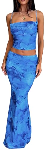 Women's Floral Print Two Piece Sets Spaghetti Strap Backless Pleated Crop Tops and Bodycon Maxi Skirts Beachwear - Main Image