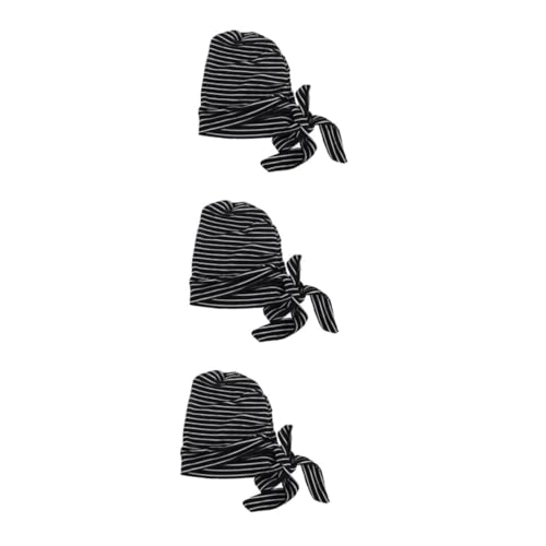 DEARMAMY 3 Piezas Sombrero Turbante a Rayas Gorros De Enfermera para Mujer Gorros Médicos De Caballo De Las Mujeres Gorro De Pelo para Dormir Gorros para Mujer Black Poliéster