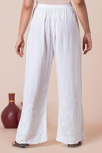 Image of Hand Embroidered Chikankari Soft MUL MUL Palazzo Free Size White (Size Free Size)