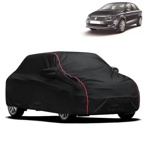 Image of Waterproof Car Cover for Volkswagen Vent | All-Weather Protection, Dustproof & UV Resistant | Triple Stitched Mirror Pockets, Windproof Buckle Strap with Elastic Hem, Black-Red Piping