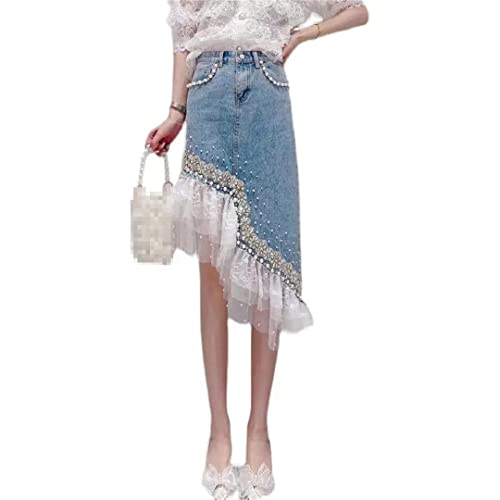 Jupe en jean avec perles asymétrique bleu taille 36 mode d'été style coréen femme