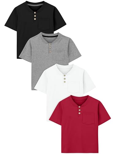 Image of Poroka 4 Pack Baby Boys and Toddlers Cotton Short-Sleeve T-Shirts Pocket Button Crew Neck Tee Short-Sleeve Shirts