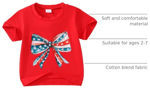 Image of Toddler Girl 4th of July Outfit Big Bow Print T-Shirt Top American Flag Clothes 2-7Y