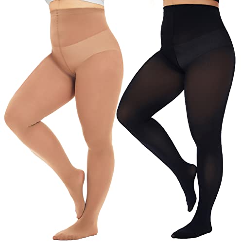 Image of CozyWow Plus Size Tights for Women 80D Soft Solid Color Semi Opaque Pantyhose High Waist 1X 2X 3X 4X