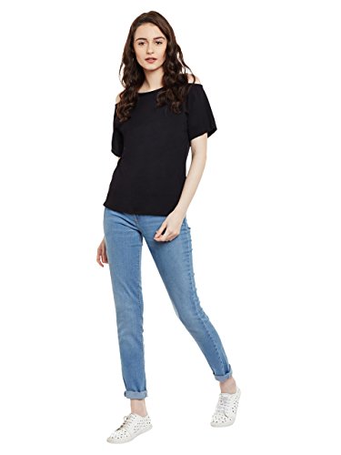 Image of Miss Chase Women's Black Cold Shoulder Round Neck Short Sleeved Solid Top
