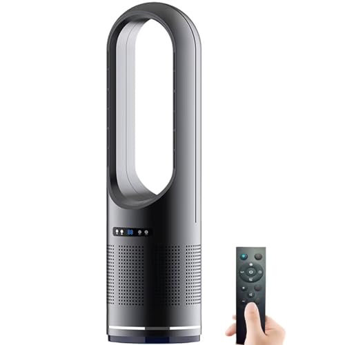 Calefactor y enfriador de aire, sin aspas, calefactor de 2000 W, ventilador de torre con 3 niveles de calor y 8 velocidades, oscilante de 80° con control remoto, temporizador de 8 h y pantalla LED