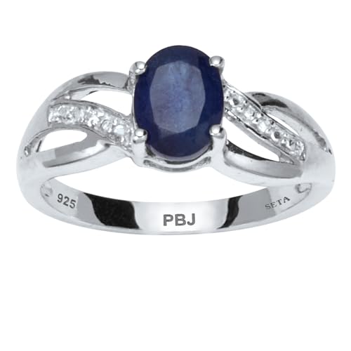 PalmBeach Sterling Silver Oval Cut Genuine Blue Sapphire and Round Genuine White Topaz Engagement Ring Sizes 6-10