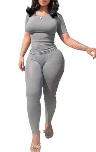 PINSV 2 Piece Sets for Women Summer Casual Jogger Workout Outfits Fitted Crew Neck T-shirt High Waist Legging Sets Grey L