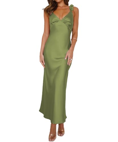 Image of Phicia Summer Satin Spaghetti Strap V Neck Midi Dresses for Women Wedding Guest Elegant Flower Backless Cocktail Formal Dress