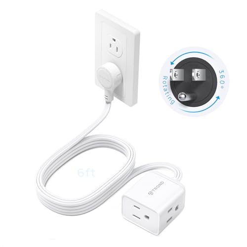 TROND Flat Extension Cord 6ft with 360° Rotating Plug, Low Profile Small Power Strip, 3 Prong Grounded Outlets Cube, 13A, SPT 16/3 Gauge Cable, for Indoor Home Office Cruise Travel Essentials, White