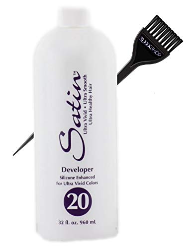 Satin Hair Developer, Silicone Enhancing for Ultra Rich Vivid Colors (w/Sleek Brush) Haircolor Dye Activator, Hydrogen Peroxide (20 Volume / 6% - 32 oz LARGE size)