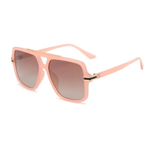OUWEN Fashion Y2K Big Polarized Sunglasses Flat Top Golden Frame for Women & Men Milky Pink OW2237D