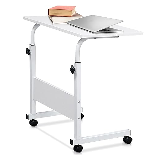 Image of Karl home Mobile Side Table 31.5 inch Computer Desk with Wheels Height Adjustable Rolling Potable Laptop Cart, C-Shaped Bed Couch Sofa End Tables with Edge Stopper for Livingroom Bedroom, White