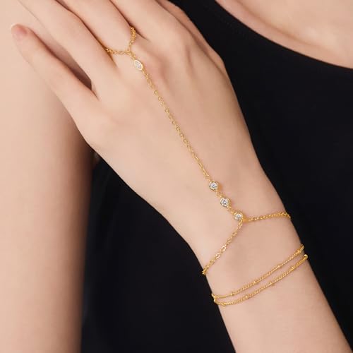Cicy Bell 18K Gold Plated Hand Chain for Women Layered Stackable Dainty Ring Bracelet Adjustable Satellite Bead Dot Link Finger Bracelets Trendy Jewelry Gift3