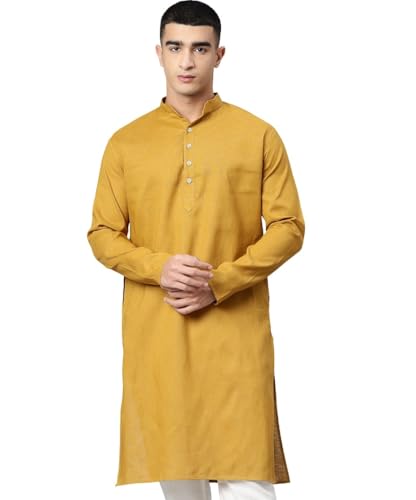 Image of Majestic Man Men's Cotton Regular Fit Casual Mandarin Collar Ethnic Motifs Solid Long Kurta