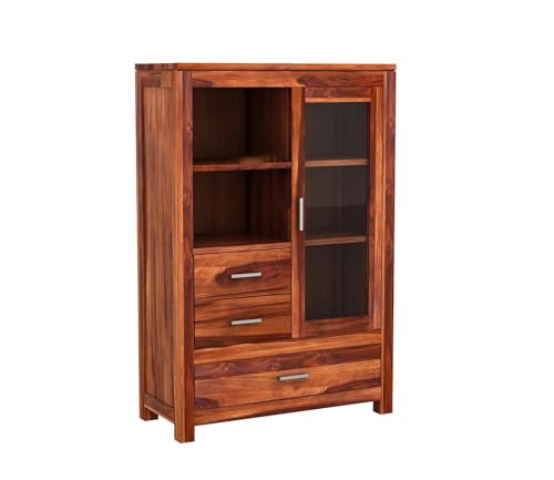 Image of Wood Book Shelf for Home Library || Wooden Book Shelf Cabinet with Glass and Drawer Storage || Crockery Cabinet for Kitchen || Shelf with Door (Honey Finish)